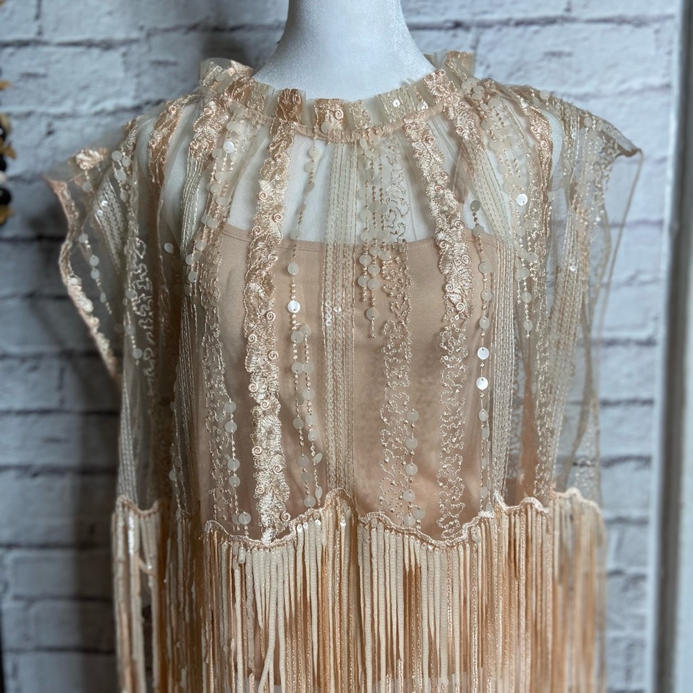 Eva Franco Fringe Sheer Top! Small, Salmon color with skin tone cami.
